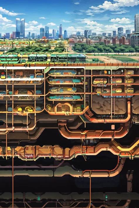 csu, cross-section, from side, best quality, masterpiece, anime screencap, , 
modern city, blue sky, skyscrapers, roads, cars, trucks, many people, ,  csu, cross-section, from side, best quality, masterpiece, anime screencap, , 
underground, dimly lit, caves, subway, sewers, basement, <lora:Cross_section_underground-v1:1.5>