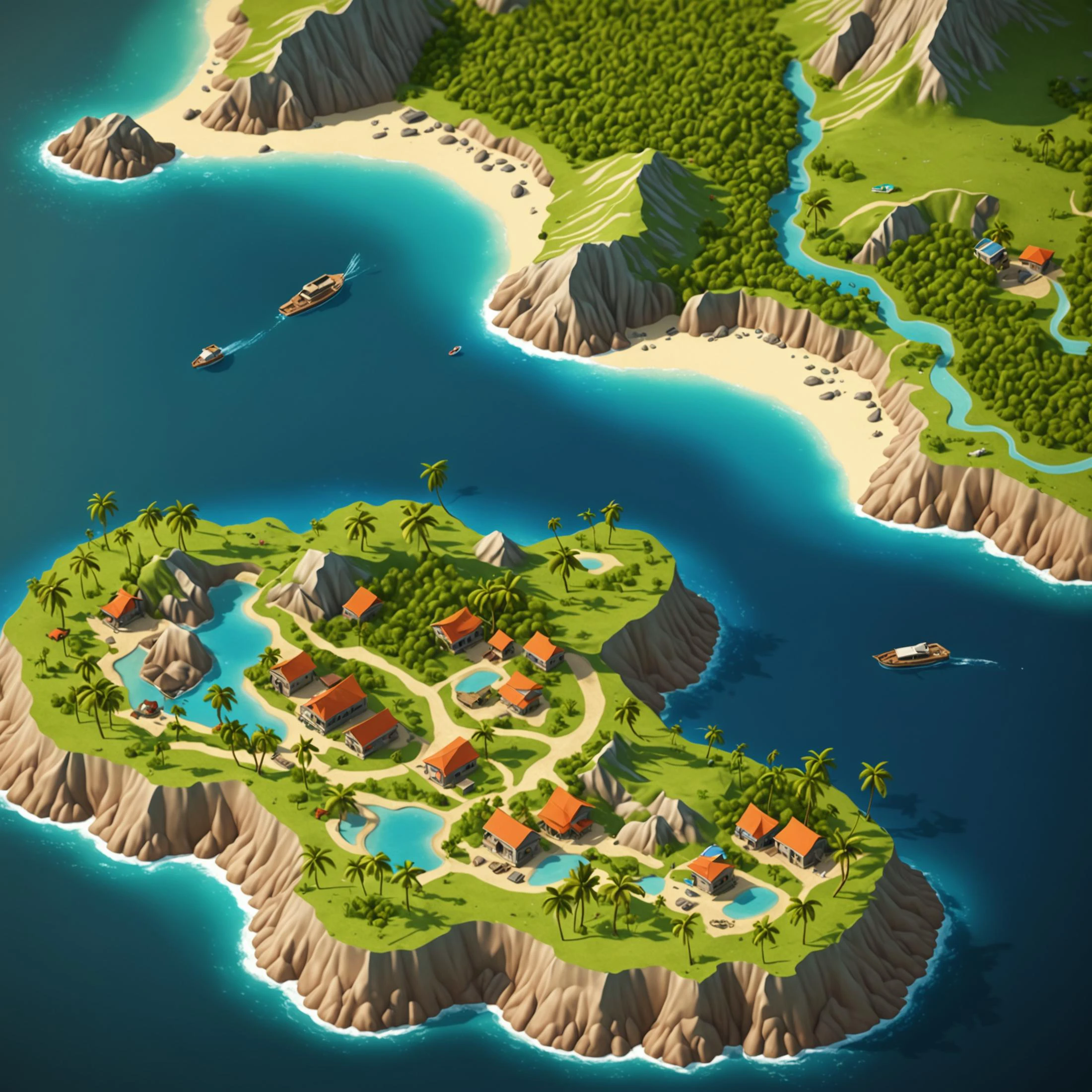 colored map of uninhabited island, fantasy world, isometric map, csu, city, lake, mountain, sea beach, palm trees,
absurdres, detailed, realistic render,
<lora:CSU_SDXL_test1:0.5>