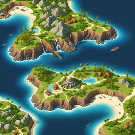 colored map of uninhabited island, fantasy world, isometric map, csu, city, lake, mountain, sea beach, palm trees, 
absurdres, detailed, realistic render, 
<lora:CSU_SDXL_test1:0.5>