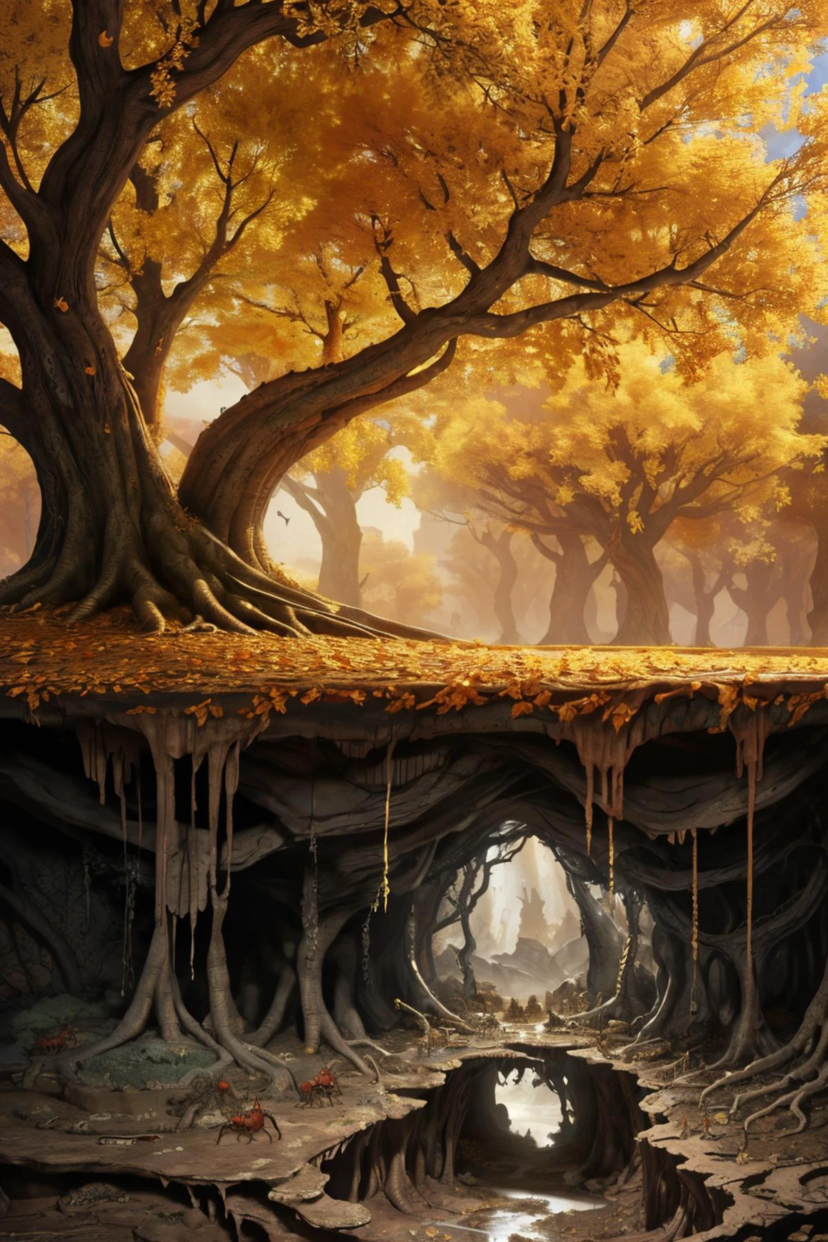 csu, cross-section, from side, fantasy landscape , masterpiece, best quality, CG, wallpaper, HDR, high quality, high-definition, extremely detailed ,
a golden tree, tree hollow, branches, golden falling leaves, no humans, , csu, cross-section, from side, fantasy landscape , masterpiece, best quality, CG, wallpaper, HDR, high quality, high-definition, extremely detailed ,
underground, roots, burrow, cave, darkness, corruption, rot, (too many ants), fish, (mud, stagnant water), dimly lit, <lora:Cross_section_underground:0.6> <lora:eldenRingStyle_v3:0.7>
