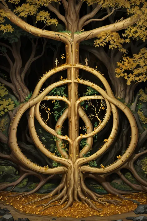 csu, a golden tree, tree hollow, elden ring, roots, branches, golden falling leaves, underground, cross-section, from side, fantasy landscape <lora:Cross_section_underground:0.6>