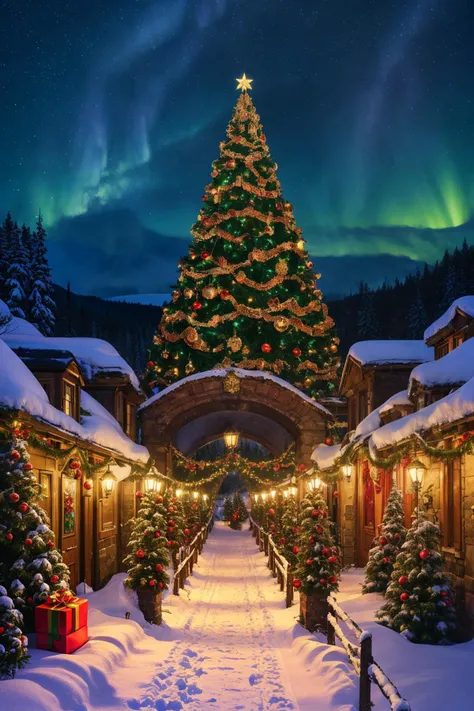 csu, cross-section, christmas card, from side, masterpiece, best quality, CG, wallpaper, HDR, high quality, high-definition, extremely detailed christmas tree, snow, blue theme, at night, starry sky, aurora borealis, underground, elves, Santa's workshop, warmly lit, red and green,