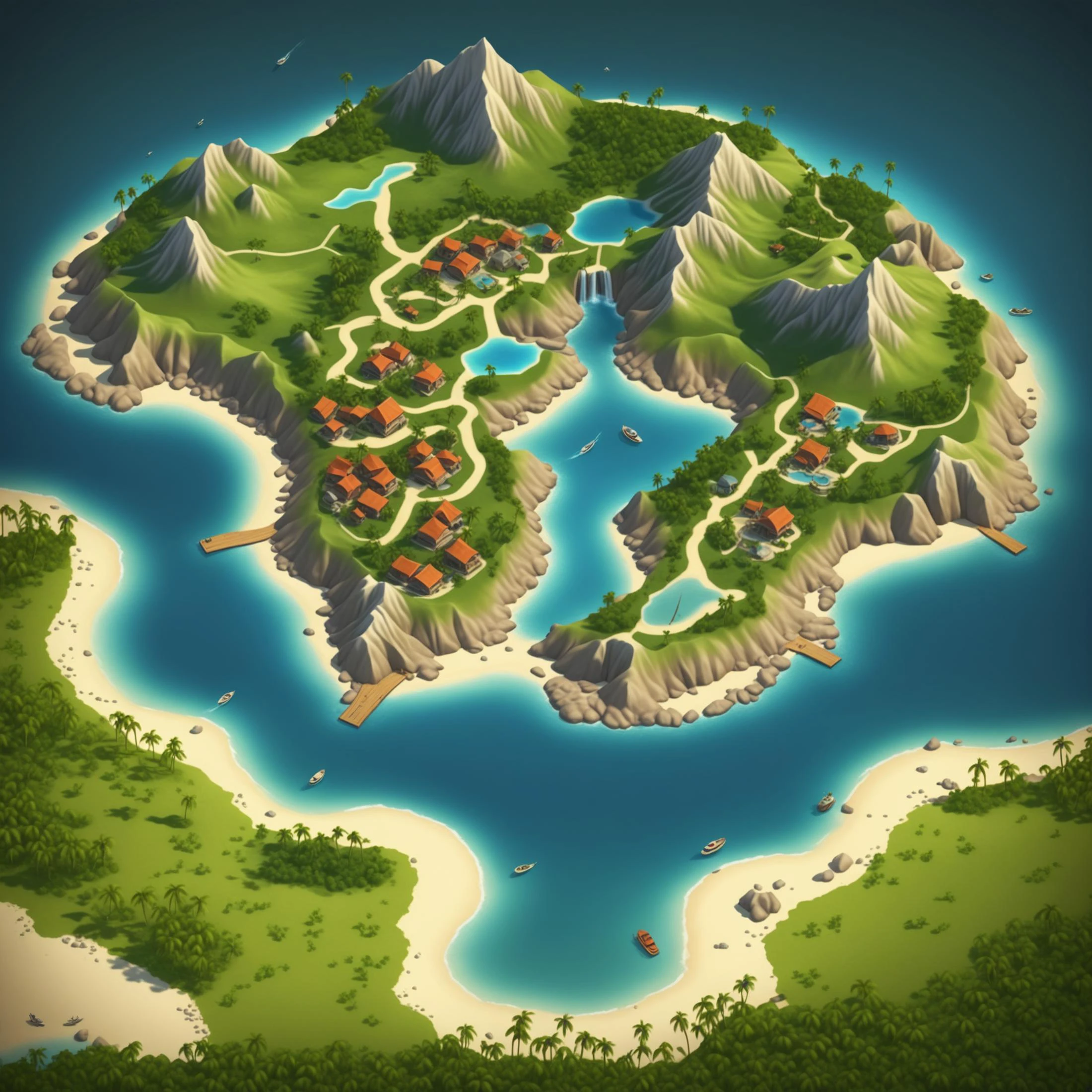 colored map of uninhabited island, fantasy world, isometric map, csu, city, lake, mountain, sea beach, palm trees,
absurdres, detailed, realistic render,
<lora:CSU_SDXL_test1:0.5>
