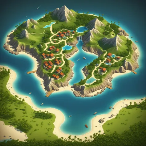 colored map of uninhabited island, fantasy world, isometric map, csu, city, lake, mountain, sea beach, palm trees, 
absurdres, detailed, realistic render, 
<lora:CSU_SDXL_test1:0.5>