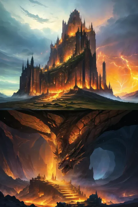 zrpgstyle, elden ring style, epic landscape, above and below, csu, cross-section, from side, fantasy landscape , masterpiece, best quality, CG, wallpaper, HDR, high quality, high-definition, extremely detailed
rocky mountain, high peaks, mine entrance, no humans, grey sky, from outside,
underground, dragon sleeping on a pile of gold coins, roots, burrow, cave, darkness, dimly lit, cavern,
