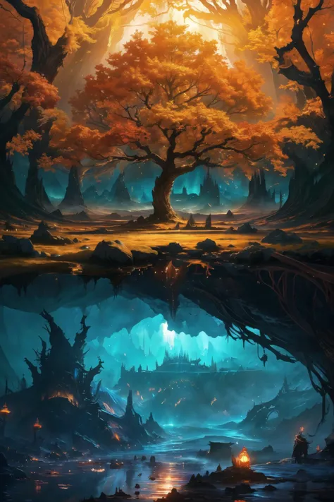 elden ring style, epic landscape, above and below, csu, cross-section, from side, fantasy landscape , masterpiece, best quality, CG, wallpaper, HDR, high quality, high-definition, extremely detailed
a golden tree, tree hollow, branches, golden falling leaves, no humans,
underground, roots, burrow, cave, darkness, corruption, rot, (too many ants), fish, (mud, stagnant water), dimly lit, subterranean lake, underwater river,