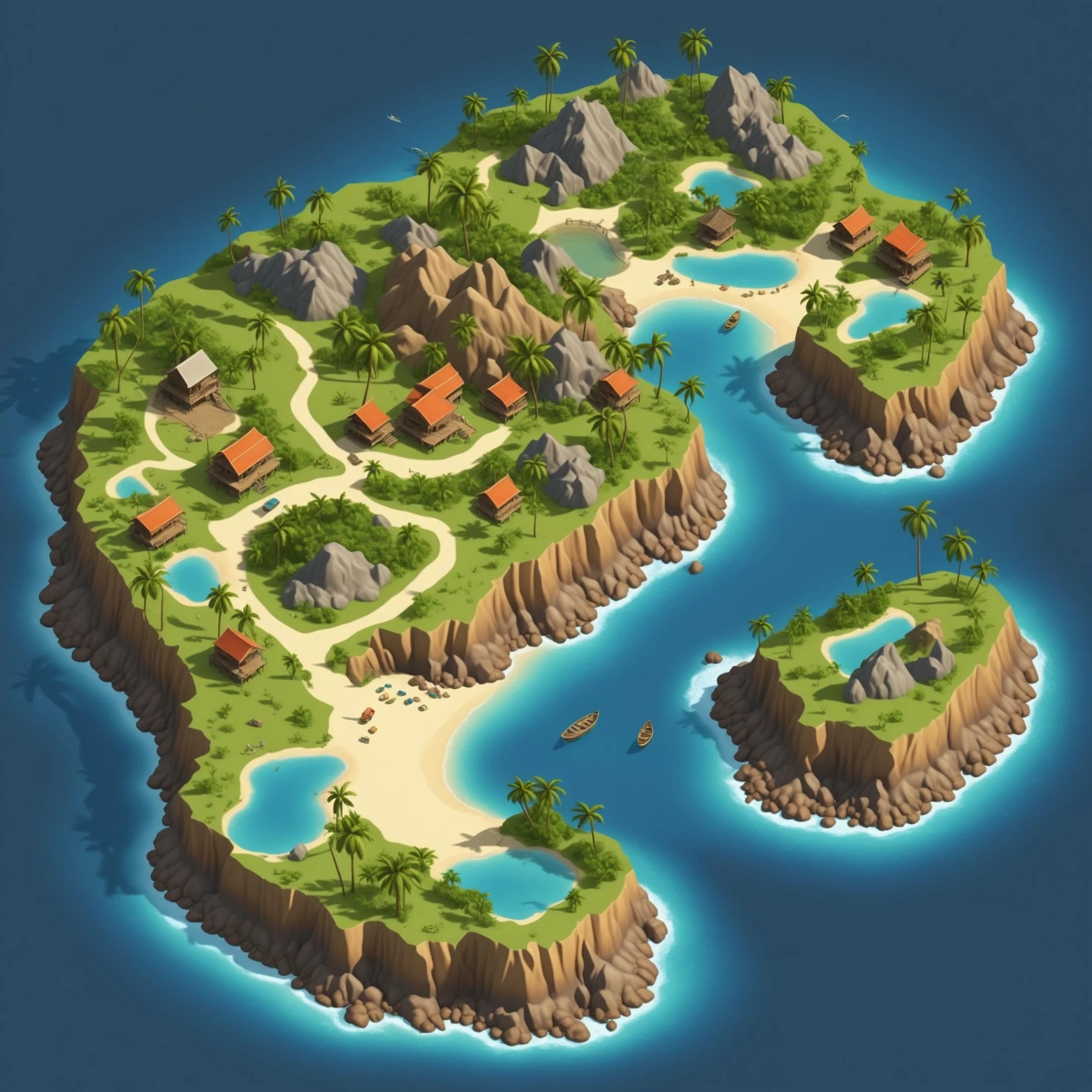 colored map of uninhabited island, fantasy world, isometric map, csu, city, lake, mountain, sea beach, palm trees,
absurdres, detailed, realistic render,
<lora:CSU_SDXL_test1:0.5>