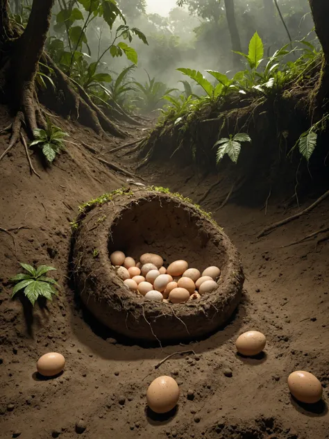 prehistoric earth, the nest of a dinosaur, eggs, mist, greenery, wet, mud, lush, extremely detailed ground clutter, leaf litter, cinematic lighting, csu, cross-section, from the side, underground, burrow, fantasy landscape, national geographic, best quality, masterpiece, award winning photo,