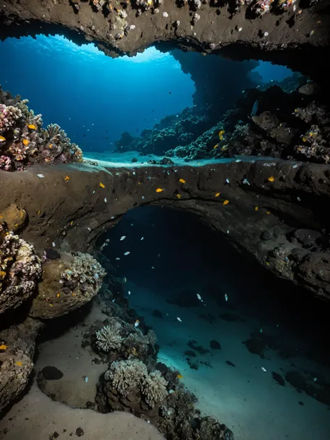 underwater photography, barrier reef, entrance to underwater caves, schools of fish, cinematic lighting, large glowing crystals, bioluminescent, csu, cross-section, from the side, underground, burrow, fantasy landscape, national geographic, best quality, masterpiece, award winning photo,