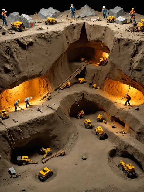 diorama, diagram of miners digging for amber, cartoonish,  cinematic lighting,  csu, cross-section, from the side, underground, burrow, fantasy landscape, national geographic, best quality, masterpiece, award winning photo,