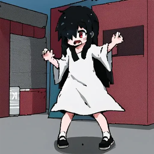 ((masterpiece)),(best quality), absurdres,sadako_yamamura,red eyes, white dress,<lora:Sadakobest:0.9>, <lora:LuisapCUTEFlatColor_v1:0.8>, flat color, lineart, pixel art,