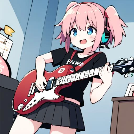 ((masterpiece, best quality)), <lora:0_FlatColor_LuisapCUTEFlatColor_v1:0.8>, 1girl, solo, black skirt, blue eyes, electric guitar, guitar, headphones, holding, holding plectrum, instrument, long hair, , music, one side up, pink hair, playing guitar, pleated skirt, black shirt, indoors