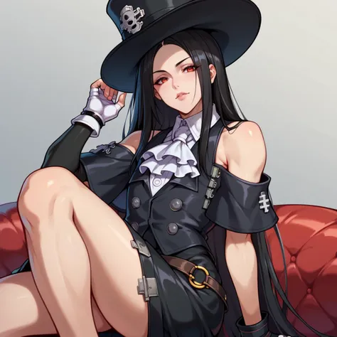 score_9, score_8_up, score_7_up, score_6_up, score_5_up, score_4_up, source_anime, seductive pose, 
1other, androgynous, looking at viewer, testament\(guilty gear\), <lora:TestamentGGST:1> ggtestament, black hair, red eyes, long hair, formal, black sleeves, detached sleeves, ascot, top hat, long black skirt, side slit, black vest, fingerless gloves, bare shoulders, asymmetrical gloves, solo