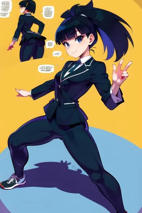 <lora:Fredd:1> 1girl, standing pose, solo, black pants, pony tail hair, black eyes, school uniform