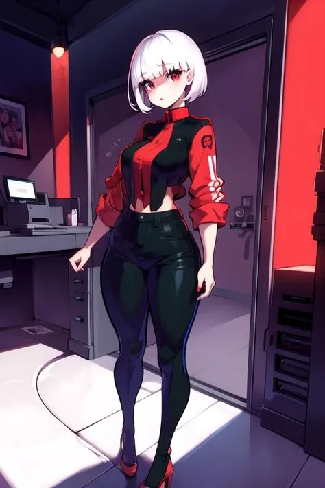 <lora:Fredd:1> 1girl, standing pose, solo, black pants, hair cut, white hair, red eyes,
