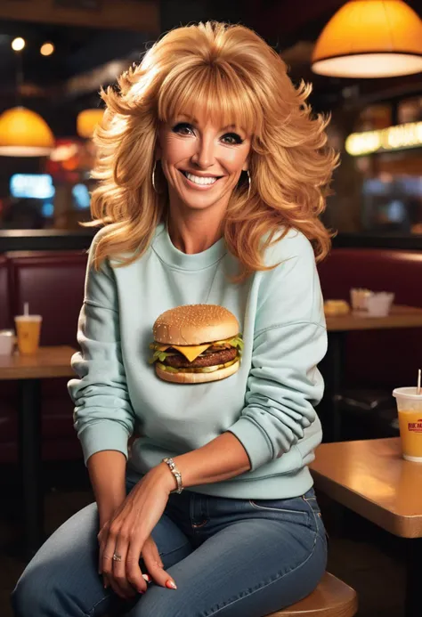 photo of beautiful (SuzanneSomers:0.99), a woman with (((big hair))), smiling, wearing jeans, a sweatshirt, sitting at a table in a restaurant, a cheese burger and fries on the table at night, night time, many people in the restaurnat, dynamic pose, (( eyeliner, eye shadow:1.2)), looking at viewer, jewelry, necklace, stud earrings, diamond bracelet, perfect feet , back lit, soft lighting,