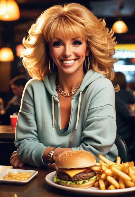 photo of beautiful (SuzanneSomers:0.99), a woman with (((big hair))), smiling, wearing jeans, a sweatshirt, sitting at a table in a restaurant, a cheese burger and fries on the table at night, night time, many people in the restaurnat, dynamic pose, (( eyeliner, eye shadow:1.2)), looking at viewer, jewelry, necklace, stud earrings, diamond bracelet, perfect feet , back lit, soft lighting,