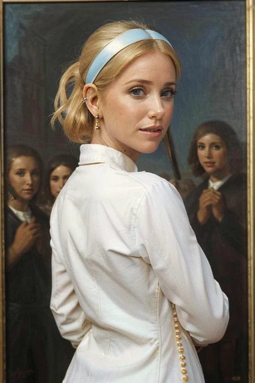 SuzanneSomers, ((oil painting by Vermeer, Girl with a Pearl Earring, looking back at viewer, blue headband, golden jacket, white shirt:1.2))