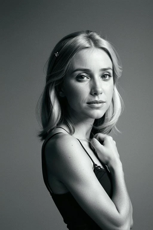a one woman, americana, age 25, pale skin and freckles, grey-eyed, delicate nose, soft and delicate lips, distant, distant, wavy, waist-length blonde hair, Sweet smile, face with delicate feminine facial features, Highly Rendering, golden bracelet