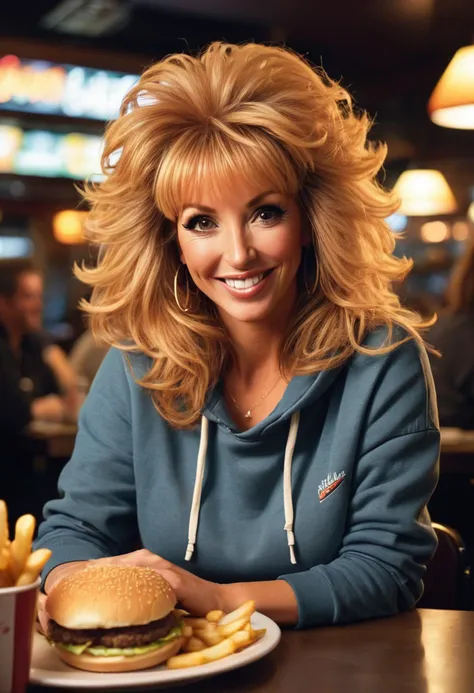 photo of beautiful (SuzanneSomers:0.99), a woman with (((big hair))), smiling, wearing jeans, a sweatshirt, sitting at a table in a restaurant, a cheese burger and fries on the table at night, night time, many people in the restaurnat, dynamic pose, (( eyeliner, eye shadow:1.2)), looking at viewer, jewelry, necklace, stud earrings, diamond bracelet, perfect feet , back lit, soft lighting,
