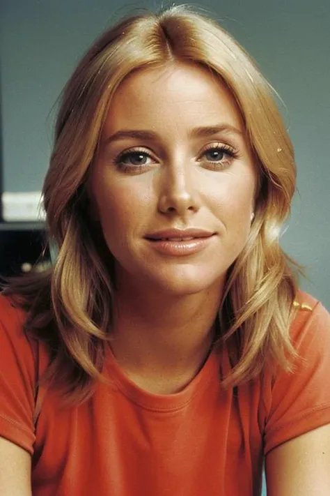 SuzanneSomers, portrait, (tight red t-shirt, red shorts, closeup on upper body), ((1977, Three's Company, sitcom, TV stage, living room, 1970s decor:1.2)), serious look