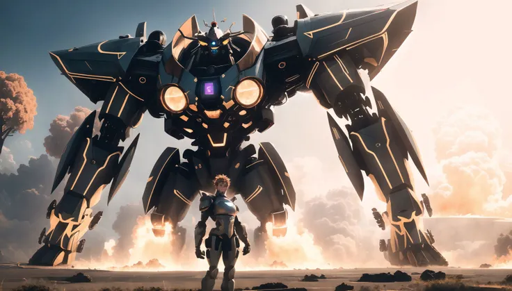 best quality, masterpiece, 8k highres, realistic style, 1boy, max muscular, strong arms, <lora:super mecha_20230606112241:0.7> super mecha, like a orangutan, flatland, hands bebind body, black armor, shoulder armor, smile, tall trees, buzz cut, knee focus, wind, airplane, metal Reflective, fcPortrait, lighting, light rays, fcHeatPortrait, rising smoke, <lora:BOOM:1> boom, scenery, landscape, fire,