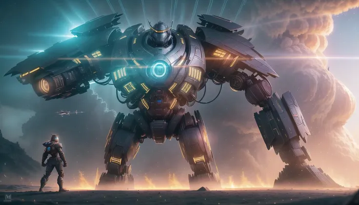 best quality, masterpiece, 8k highres, photograph, realistic style, 1boy, max muscular, strong arms, <lora:super mecha_20230606112241:0.5> super mecha, like a orangutan, flatland, hands bebind body, black heavy armor, shoulder armor, smile, tall trees, buzz cut, knee focus, wind, airplane, metal Reflective, fcPortrait, lighting, light rays, fcHeatPortrait, rising smoke, <lora:BOOM:0.3> boom, scenery, landscape, fire, sand storm, neon lights, realistic shadow, <lora:CyberPunkAI:0.2> cyberpunkai battle mech, <lora:GlowingRunesAIV6:0.2> glowingrunesai_paleblue,