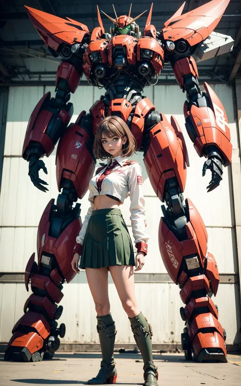 a photo of a beautiful woman wearing daisy dukes, posing bent over on a mecha, hd shot, perfect movie shot, waist - shot from behind, full scene shot, badass pose, robot mecha