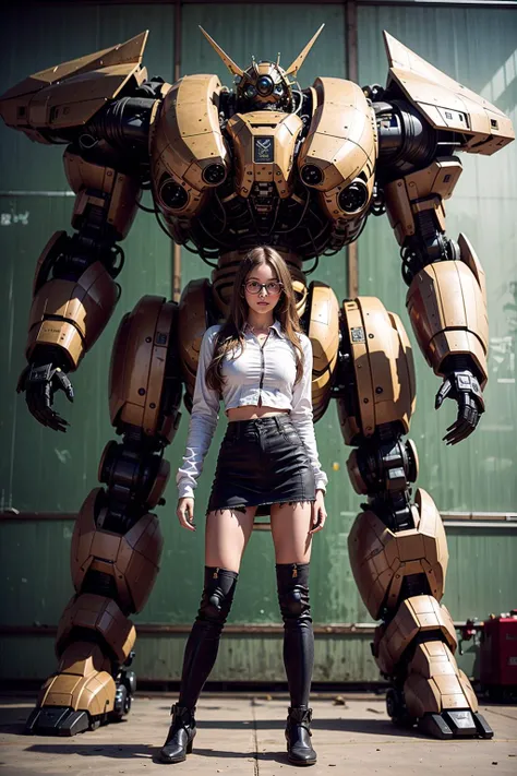 Photo of a nerdy woman in the school with a heavy mecha in the background.
(school:1.4), full body, pleated skirt, long boots, sunglasses, blurry.
<lora:super mecha_20230606112241:0.8:MIDD>