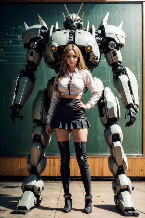 Photo of a nerdy woman in the school with a heavy mecha in the background.
perfect face, big breasts, (school, chalkboard:1.3), full body, pleated skirt, long boots, blurry.
<lora:super mecha_20230606112241:0.8>