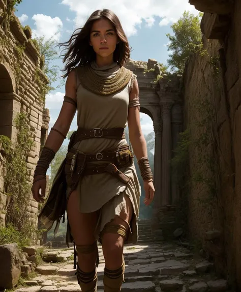 1girl, beautiful woman, UHD 8k, ultra detailed, beautiful lighting, , a cinematic photograph of a beautiful woman adventurer exploring ancient ruins