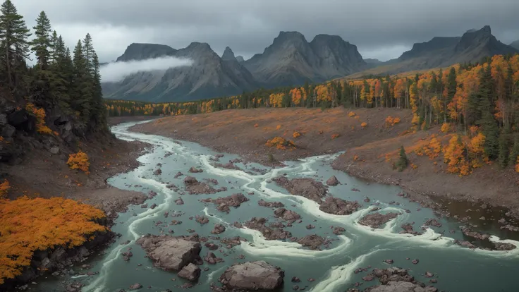 fujifilm, iso 800, desktop wallpaper, detail, landscape, muted tones, nordic, rule of thirds, chromatic abberation, film grain, wilderness, slate and bone atmosphere, fractured, terragen, lowlands, forest, wide river rapids, striation, erosion, rain shadows, rocky outcrops, atmospheric haze, ruptured, low camera angle