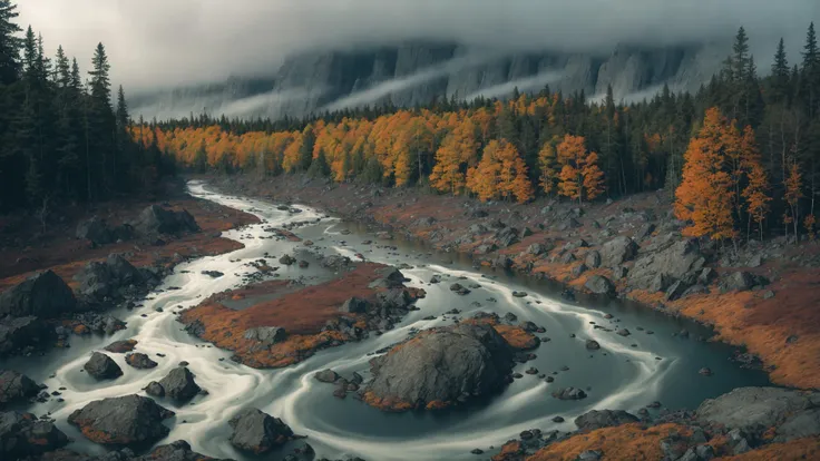 fujifilm, iso 800, desktop wallpaper, detail, landscape, muted tones, nordic, rule of thirds, chromatic abberation, film grain, wilderness, slate and bone atmosphere, fractured, terragen, lowlands, forest, wide river rapids, striation, erosion, rain shadows, rocky outcrops, atmospheric haze, ruptured, low camera angle