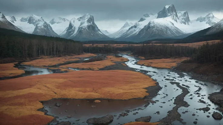 fujifilm, iso 800, desktop wallpaper, detail, landscape, muted tones, nordic, rule of thirds, chromatic abberation, film grain, wilderness, slate and bone atmosphere, fractured, terragen, lowlands, forest, wide river rapids, striation, erosion, rain shadows, rocky outcrops, atmospheric haze, ruptured, low camera angle