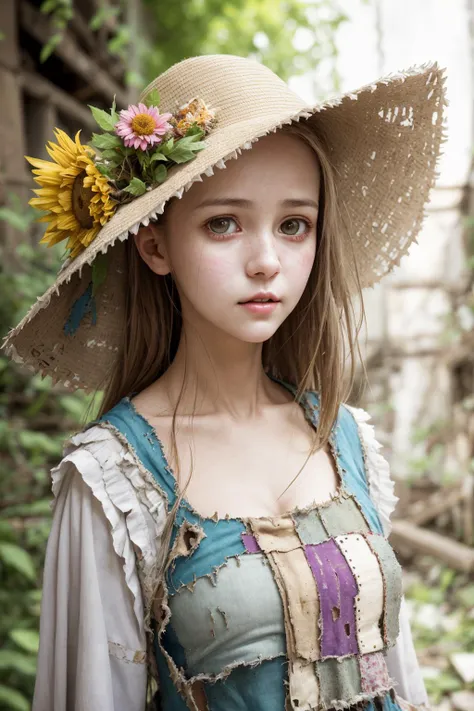 obsolescence, scarce, future, abstract, candid photography of a young woman, torn patchwork tunic, character focus, colorful but drab, textured, heavy bokeh, overgrown lush warehouse, full of expression, close up, busty, sun hat