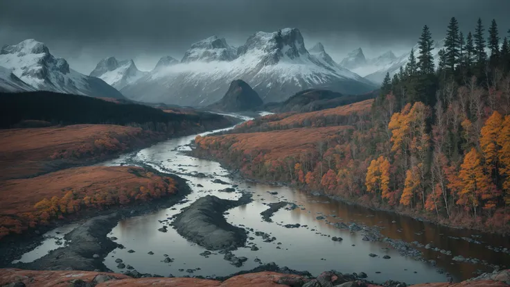 fujifilm, iso 800, desktop wallpaper, detail, landscape, muted tones, nordic, rule of thirds, chromatic abberation, film grain, wilderness, slate and bone atmosphere, fractured, terragen, lowlands, forest, wide river rapids, striation, erosion, rain shadows, rocky outcrops, atmospheric haze, ruptured, low camera angle