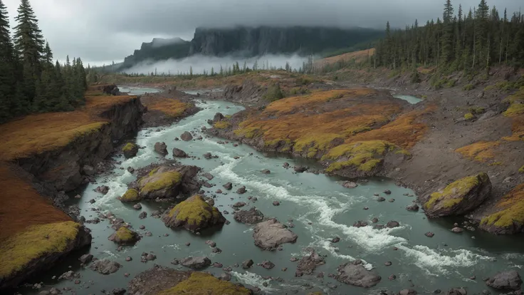 fujifilm, iso 800, desktop wallpaper, detail, landscape, muted tones, nordic, rule of thirds, chromatic abberation, film grain, wilderness, slate and bone atmosphere, fractured, terragen, lowlands, forest, wide river rapids, striation, erosion, rain shadows, rocky outcrops, atmospheric haze, ruptured, low camera angle