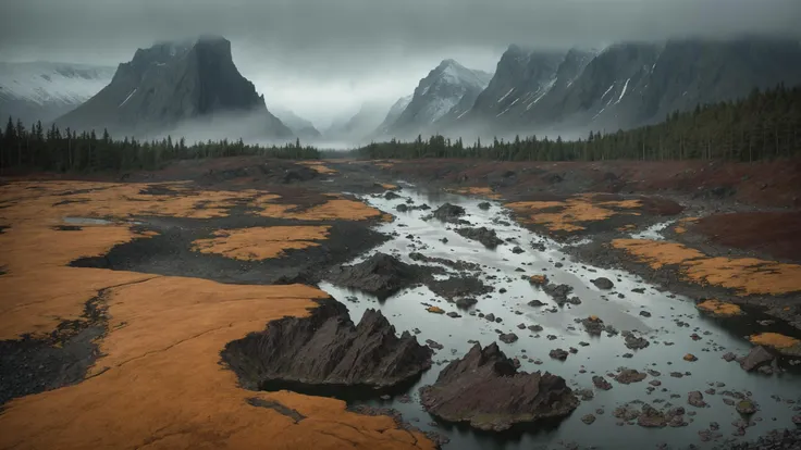 fujifilm, iso 800, desktop wallpaper, detail, landscape, muted tones, nordic, rule of thirds, chromatic abberation, film grain, wilderness, slate and bone atmosphere, fractured, terragen, lowlands, forest, wide river rapids, striation, erosion, rain shadows, rocky outcrops, atmospheric haze, ruptured, low camera angle