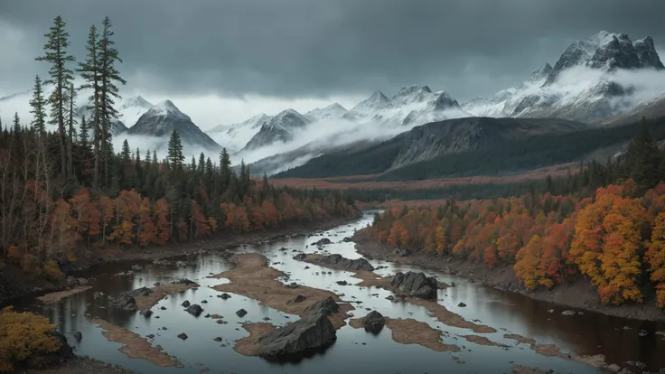 fujifilm, iso 800, desktop wallpaper, detail, landscape, muted tones, nordic, rule of thirds, chromatic abberation, film grain, wilderness, slate and bone atmosphere, fractured, terragen, lowlands, forest, wide river rapids, striation, erosion, rain shadows, rocky outcrops, atmospheric haze, ruptured, low camera angle