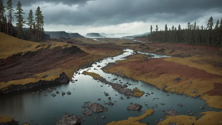 fujifilm, iso 800, desktop wallpaper, detail, landscape, muted tones, nordic, rule of thirds, chromatic abberation, film grain, wilderness, slate and bone atmosphere, fractured, terragen, lowlands, forest, wide river rapids, striation, erosion, rain shadows, rocky outcrops, atmospheric haze, ruptured, low camera angle