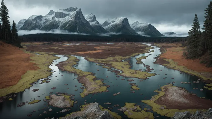 fujifilm, iso 800, desktop wallpaper, detail, landscape, muted tones, nordic, rule of thirds, chromatic abberation, film grain, wilderness, slate and bone atmosphere, fractured, terragen, lowlands, forest, wide river rapids, striation, erosion, rain shadows, rocky outcrops, atmospheric haze, ruptured, low camera angle