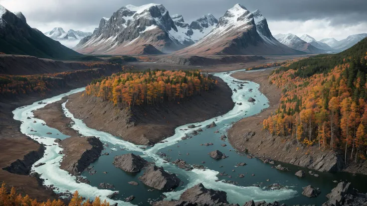 fujifilm, iso 800, desktop wallpaper, detail, landscape, muted tones, nordic, rule of thirds, chromatic abberation, film grain, wilderness, slate and bone atmosphere, fractured, terragen, lowlands, forest, wide river rapids, striation, erosion, rain shadows, rocky outcrops, atmospheric haze, ruptured, low camera angle