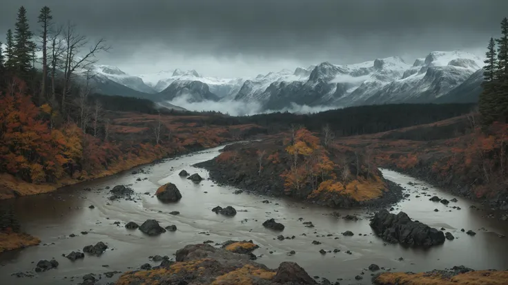 fujifilm, iso 800, desktop wallpaper, detail, landscape, muted tones, nordic, rule of thirds, chromatic abberation, film grain, wilderness, slate and bone atmosphere, fractured, terragen, lowlands, forest, wide river rapids, striation, erosion, rain shadows, rocky outcrops, atmospheric haze, ruptured, low camera angle