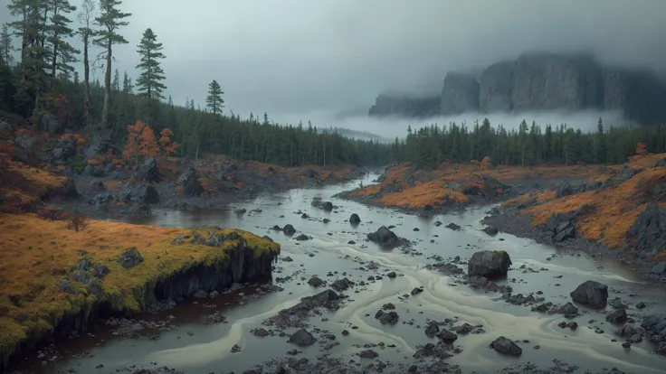 fujifilm, iso 800, desktop wallpaper, detail, landscape, muted tones, nordic, rule of thirds, chromatic abberation, film grain, wilderness, slate and bone atmosphere, fractured, terragen, lowlands, forest, wide river rapids, striation, erosion, rain shadows, rocky outcrops, atmospheric haze, ruptured, low camera angle