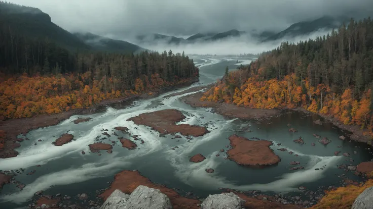 fujifilm, iso 800, desktop wallpaper, detail, landscape, muted tones, nordic, rule of thirds, chromatic abberation, film grain, wilderness, slate and bone atmosphere, fractured, terragen, lowlands, forest, wide river rapids, striation, erosion, rain shadows, rocky outcrops, atmospheric haze, ruptured, low camera angle