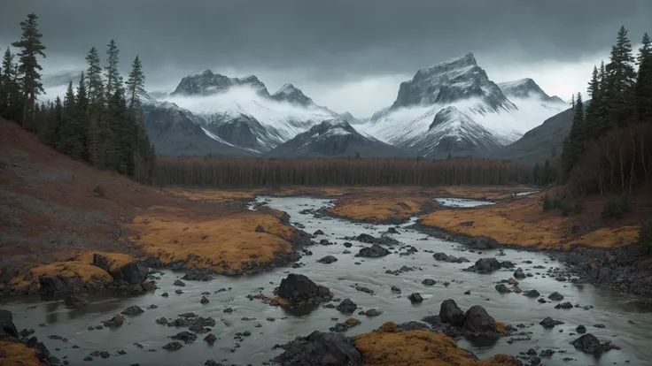 fujifilm, iso 800, desktop wallpaper, detail, landscape, muted tones, nordic, rule of thirds, chromatic abberation, film grain, wilderness, slate and bone atmosphere, fractured, terragen, lowlands, forest, wide river rapids, striation, erosion, rain shadows, rocky outcrops, atmospheric haze, ruptured, low camera angle