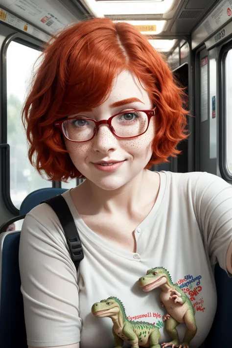 a geeky young woman, close up, big smile, short red hair, heavy depth of field, freckles, fun photo alone on a train, mischievous, cute dinosaur pajamas, coy, glasses, awkward, young feminine features, looking over her shoulder, dark eyebrows, chubby