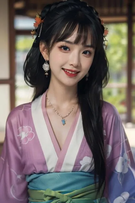 (best quality, masterpiece:1.2), (realistic:1.3), high resolution, (ultra-detailed background, detailed background), bokeh, (symmetrical clear eyes:1.3), an extremely cute and beautiful girl, highly detailed beautiful face and black eyes, beautiful hair, ((colorful Japanese yukata)), 1girl, solo, hair accessories, ornate jewelry & jewelry, necklace, earrings, bracelet, dynamic pose, (evil smiling:1.3), (upper thighs shot),<lora:llz:0.8>