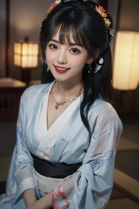 (best quality, masterpiece:1.2), (realistic:1.3), high resolution, (ultra-detailed background, detailed background), bokeh, (symmetrical clear eyes:1.3), an extremely cute and beautiful girl, highly detailed beautiful face and black eyes, beautiful hair, ((colorful Japanese yukata)), 1girl, solo, hair accessories, ornate jewelry & jewelry, necklace, earrings, bracelet, dynamic pose, (evil smiling:1.3), (upper thighs shot),<lora:llz:0.8>