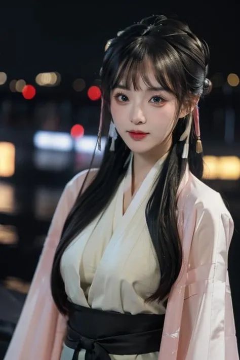 (8k, original photo, best quality, Masterpiece: 1.3), (realistic, realistic: 1.37), (night), (Looking at the audience: 1.331), Posing, Tokyo street, Night City View, Cyberpunk City, soft light, 1 girl, extremely beautiful face, ((Perfect lively breasts)), (Big boobs: 1.5), put down hands, random hairstyle, ((pink long hair)), random expression, big eyes, small belly,(((hanfu, ))), beautiful face, beautiful eyes,<lora:llz:0.8>
